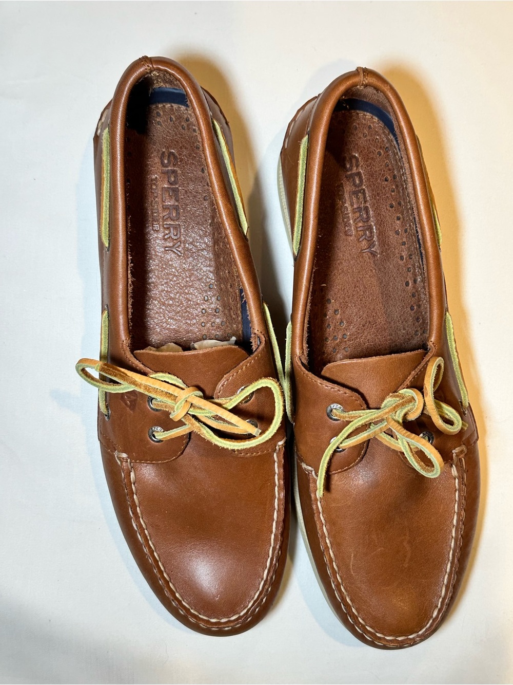 Sperry Brown Leather Boat Shoes with Yellow Accents